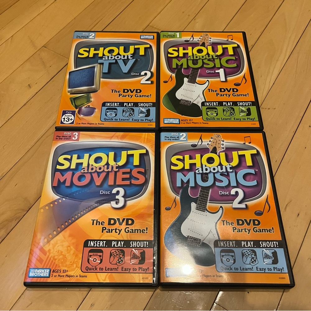 Shout About DVD Game Lot of 4 Movies TV Music Discs Parker Brothers VG